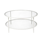 Table basse ronde avec plateau en verre et étagère inférieure – Laiton / Blanc / Nickel / Bleu Mykonos – 91 cm