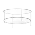 Table basse ronde avec plateau en verre et étagère inférieure – Laiton / Blanc / Nickel / Bleu Mykonos – 91 cm
