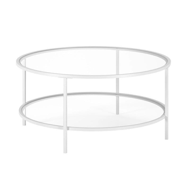 Table basse ronde avec plateau en verre et étagère inférieure – Laiton / Blanc / Nickel / Bleu Mykonos – 91 cm