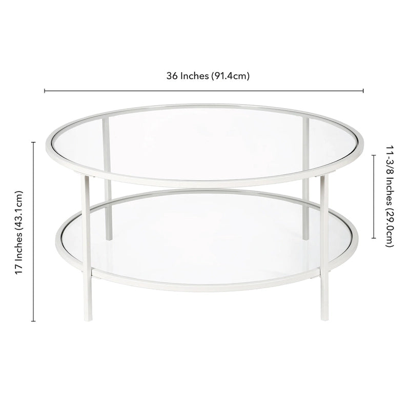 Table basse ronde avec plateau en verre et étagère inférieure – Laiton / Blanc / Nickel / Bleu Mykonos – 91 cm