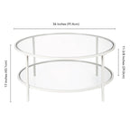Table basse ronde avec plateau en verre et étagère inférieure – Laiton / Blanc / Nickel / Bleu Mykonos – 91 cm