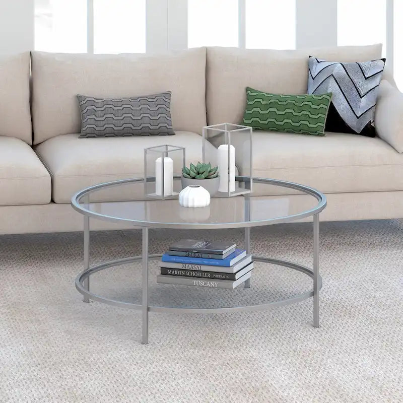Table basse ronde avec plateau en verre et étagère inférieure – Laiton / Blanc / Nickel / Bleu Mykonos – 91 cm