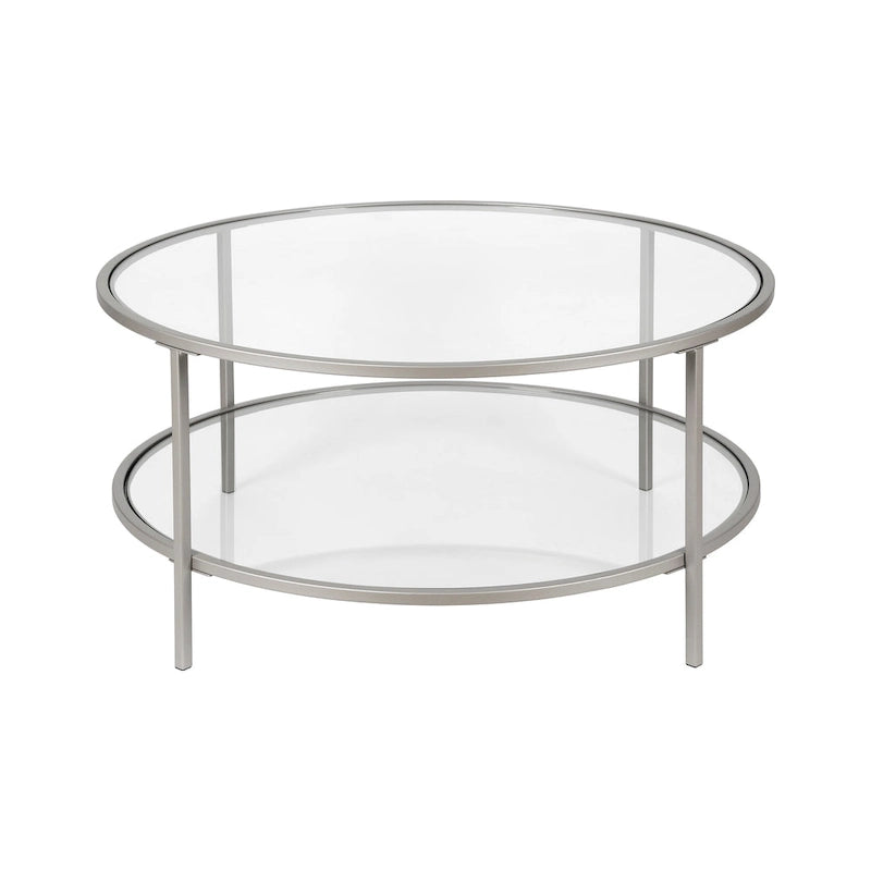 Table basse ronde avec plateau en verre et étagère inférieure – Laiton / Blanc / Nickel / Bleu Mykonos – 91 cm