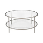 Table basse ronde avec plateau en verre et étagère inférieure – Laiton / Blanc / Nickel / Bleu Mykonos – 91 cm