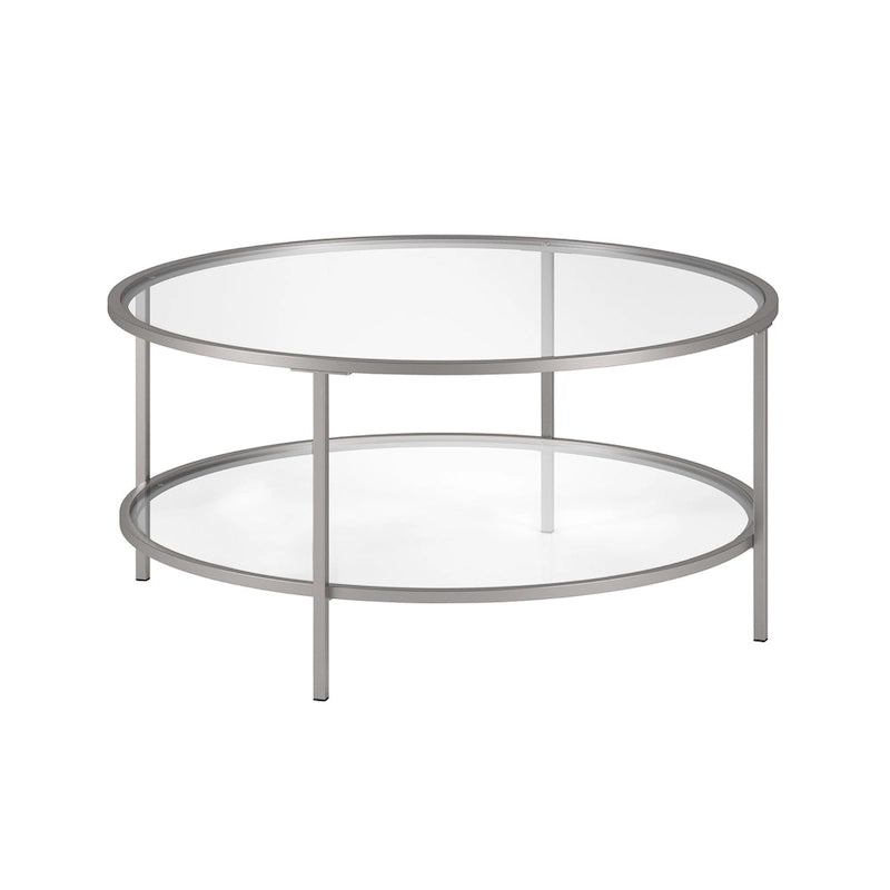 Table basse ronde avec plateau en verre et étagère inférieure – Laiton / Blanc / Nickel / Bleu Mykonos – 91 cm