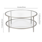 Table basse ronde avec plateau en verre et étagère inférieure – Laiton / Blanc / Nickel / Bleu Mykonos – 91 cm