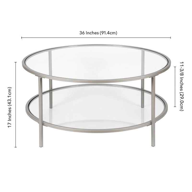 Table basse ronde avec plateau en verre et étagère inférieure – Laiton / Blanc / Nickel / Bleu Mykonos – 91 cm