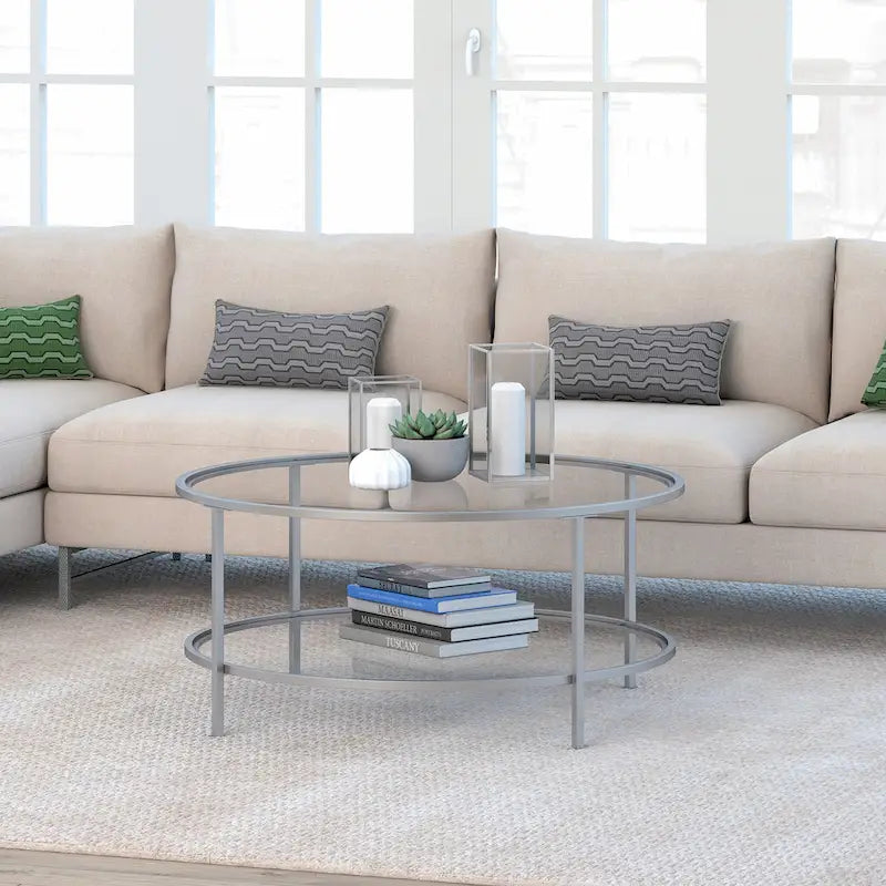 Table basse ronde avec plateau en verre et étagère inférieure – Laiton / Blanc / Nickel / Bleu Mykonos – 91 cm
