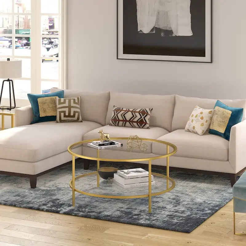 Table basse ronde avec plateau en verre et étagère inférieure – Laiton / Blanc / Nickel / Bleu Mykonos – 91 cm