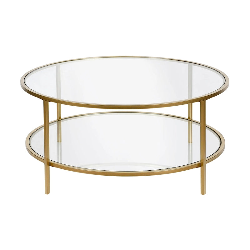 Table basse ronde avec plateau en verre et étagère inférieure – Laiton / Blanc / Nickel / Bleu Mykonos – 91 cm