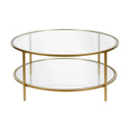 Table basse ronde avec plateau en verre et étagère inférieure – Laiton / Blanc / Nickel / Bleu Mykonos – 91 cm