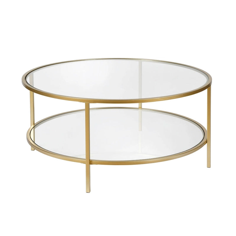 Table basse ronde avec plateau en verre et étagère inférieure – Laiton / Blanc / Nickel / Bleu Mykonos – 91 cm