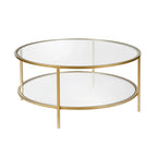 Table basse ronde avec plateau en verre et étagère inférieure – Laiton / Blanc / Nickel / Bleu Mykonos – 91 cm