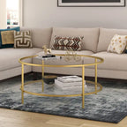 Table basse ronde avec plateau en verre et étagère inférieure – Laiton / Blanc / Nickel / Bleu Mykonos – 91 cm