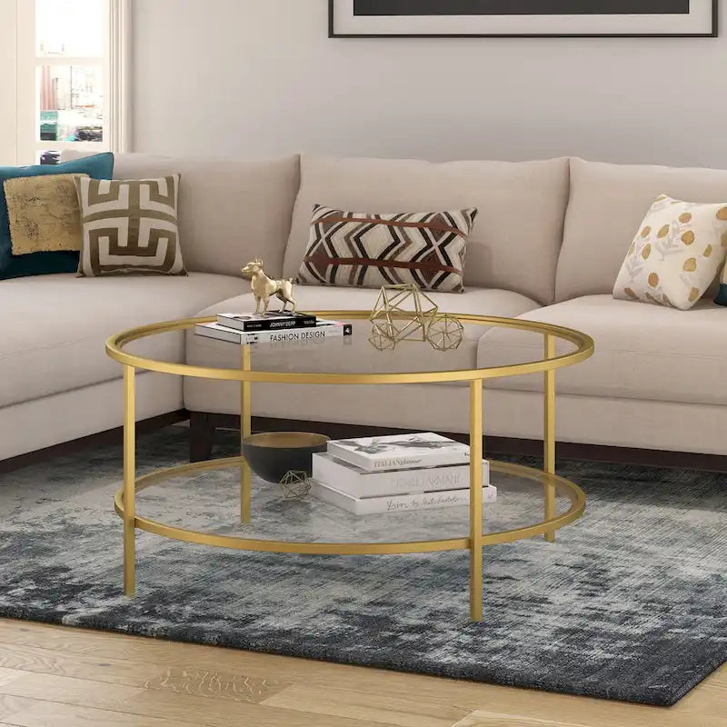 Table basse ronde avec plateau en verre et étagère inférieure – Laiton / Blanc / Nickel / Bleu Mykonos – 91 cm