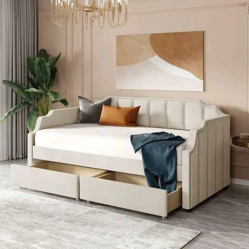Lit de repos simple / jumeau rembourré beige / gris avec tiroirs de rangement et pieds en pin massif