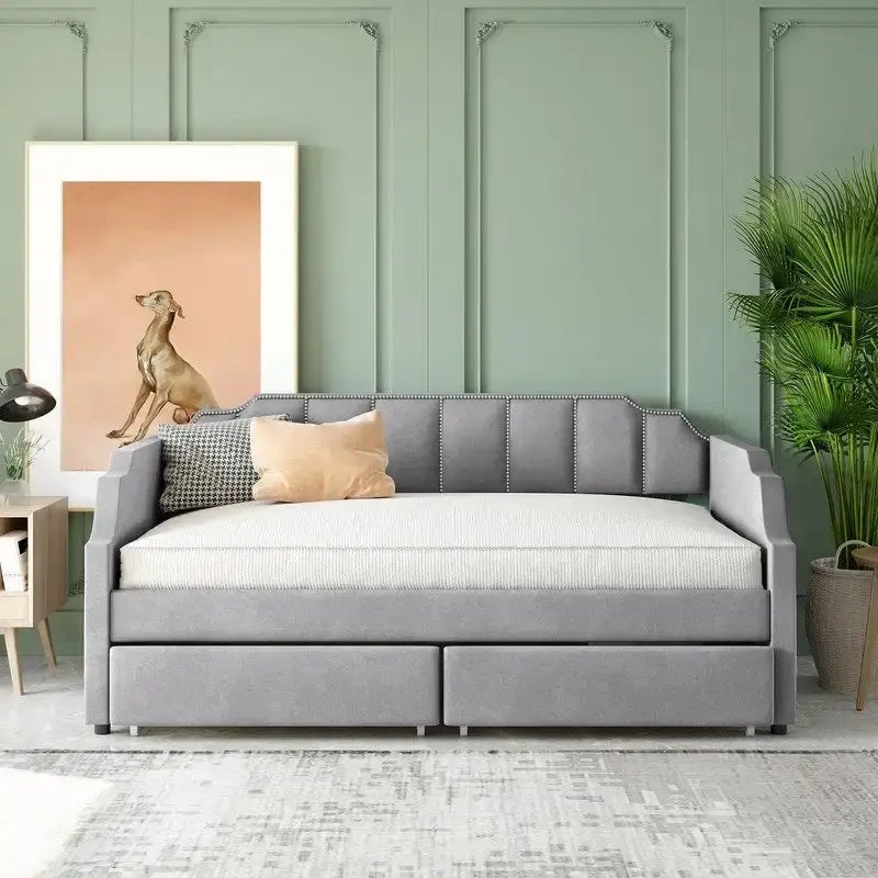 Lit de repos simple / jumeau rembourré beige / gris avec tiroirs de rangement et pieds en pin massif