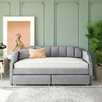 Lit de repos simple / jumeau rembourré beige / gris avec tiroirs de rangement et pieds en pin massif