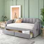 Lit de repos simple / jumeau rembourré beige / gris avec tiroirs de rangement et pieds en pin massif