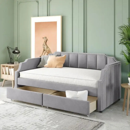Lit de repos simple / jumeau rembourré beige / gris avec tiroirs de rangement et pieds en pin massif