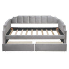Lit de repos simple / jumeau rembourré beige / gris avec tiroirs de rangement et pieds en pin massif