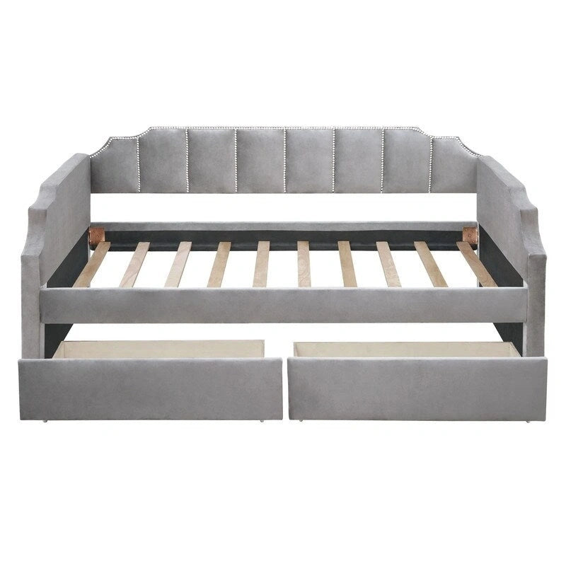 Lit de repos simple / jumeau rembourré beige / gris avec tiroirs de rangement et pieds en pin massif