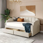 Lit de repos simple / jumeau rembourré beige / gris avec tiroirs de rangement et pieds en pin massif