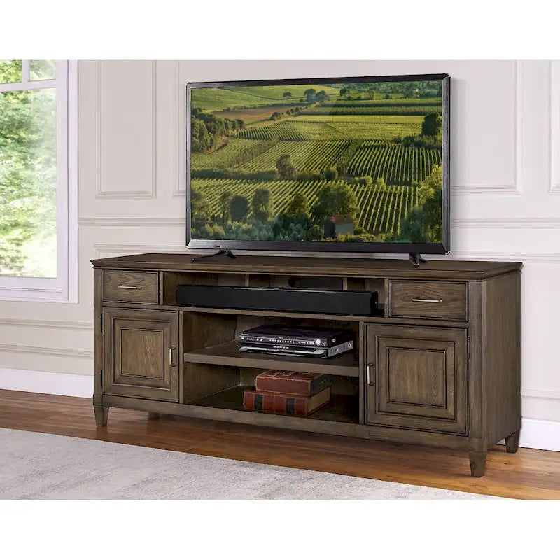 Meuble TV en placage de chêne planché, de peuplier et de chêne blanc avec 2 tiroirs, 2 armoires et étagère pour barre de son – 3 tailles