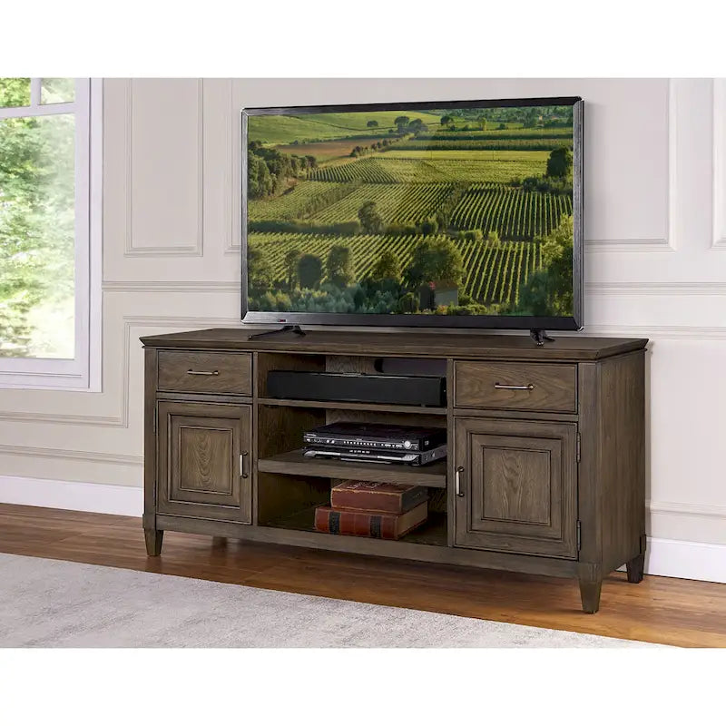 Meuble TV en placage de chêne planché, de peuplier et de chêne blanc avec 2 tiroirs, 2 armoires et étagère pour barre de son – 3 tailles