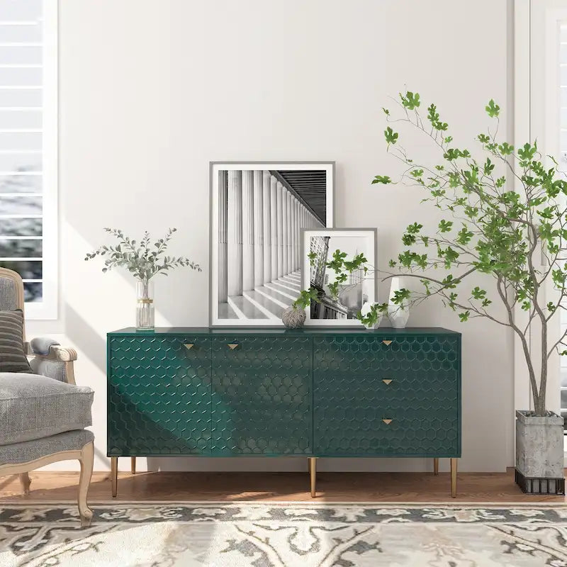Bahut 2 portes et 3 tiroirs en MDF Bleu / Blanc / Vert / Noir, motif nid d'abeille et pieds dorés