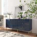 Bahut 2 portes et 3 tiroirs en MDF Bleu / Blanc / Vert / Noir, motif nid d'abeille et pieds dorés
