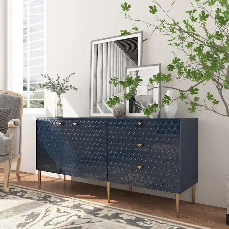 Bahut 2 portes et 3 tiroirs en MDF Bleu / Blanc / Vert / Noir, motif nid d'abeille et pieds dorés