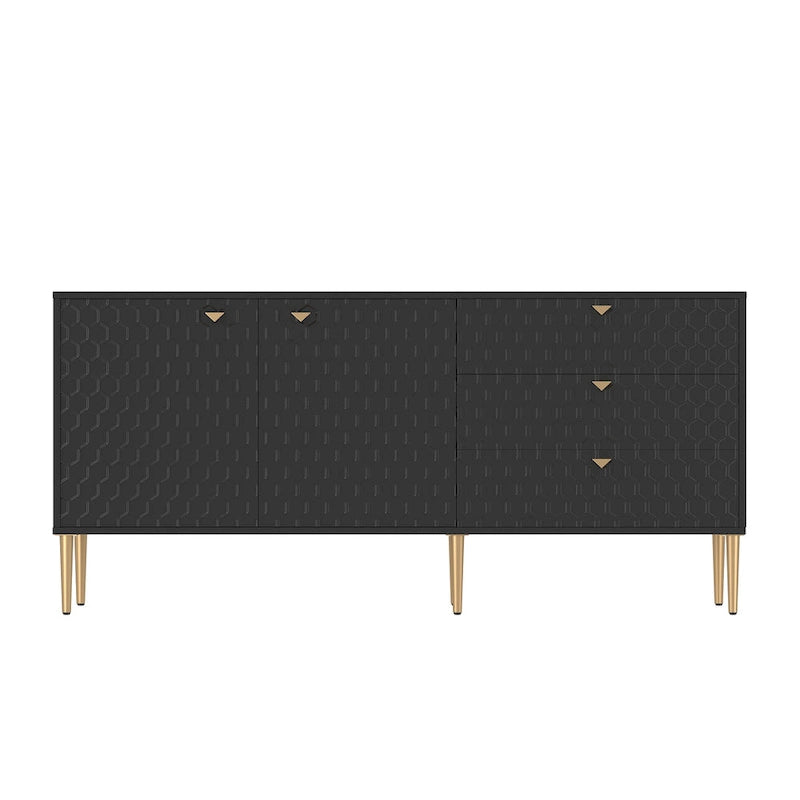 Bahut 2 portes et 3 tiroirs en MDF Bleu / Blanc / Vert / Noir, motif nid d'abeille et pieds dorés