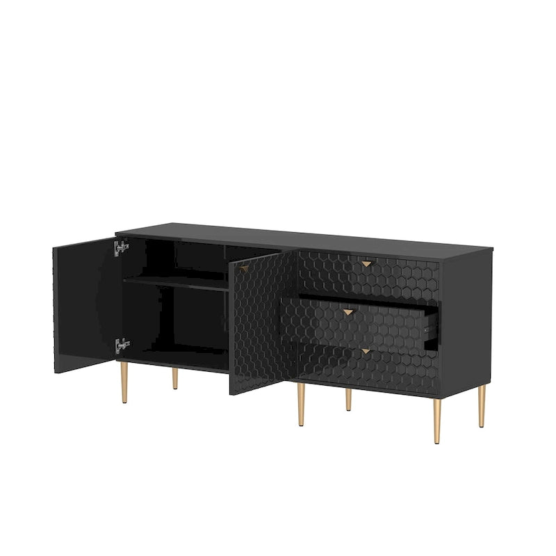 Bahut 2 portes et 3 tiroirs en MDF Bleu / Blanc / Vert / Noir, motif nid d'abeille et pieds dorés