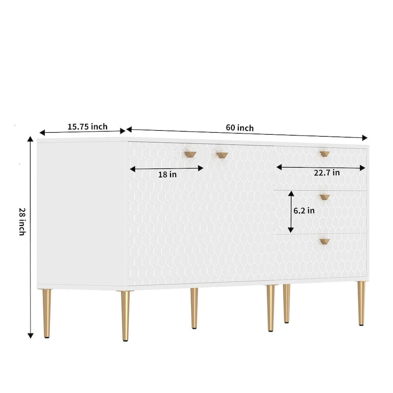 Bahut 2 portes et 3 tiroirs en MDF Bleu / Blanc / Vert / Noir, motif nid d'abeille et pieds dorés