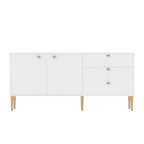 Bahut 2 portes et 3 tiroirs en MDF Bleu / Blanc / Vert / Noir, motif nid d'abeille et pieds dorés