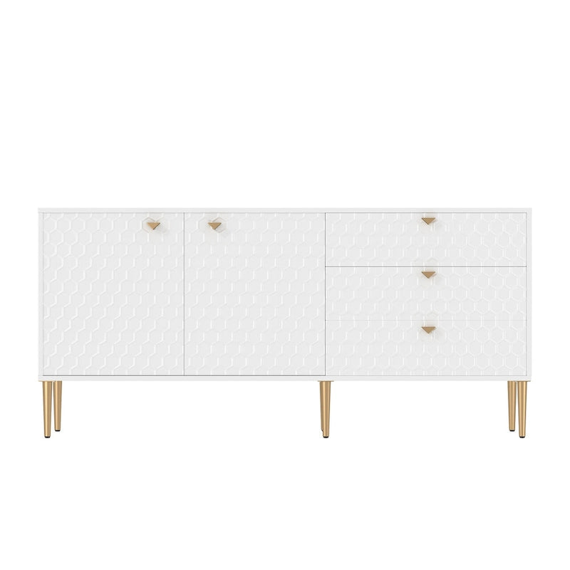 Bahut 2 portes et 3 tiroirs en MDF Bleu / Blanc / Vert / Noir, motif nid d'abeille et pieds dorés