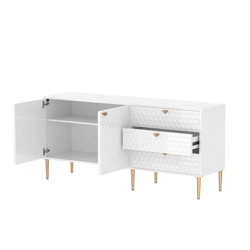 Bahut 2 portes et 3 tiroirs en MDF Bleu / Blanc / Vert / Noir, motif nid d'abeille et pieds dorés