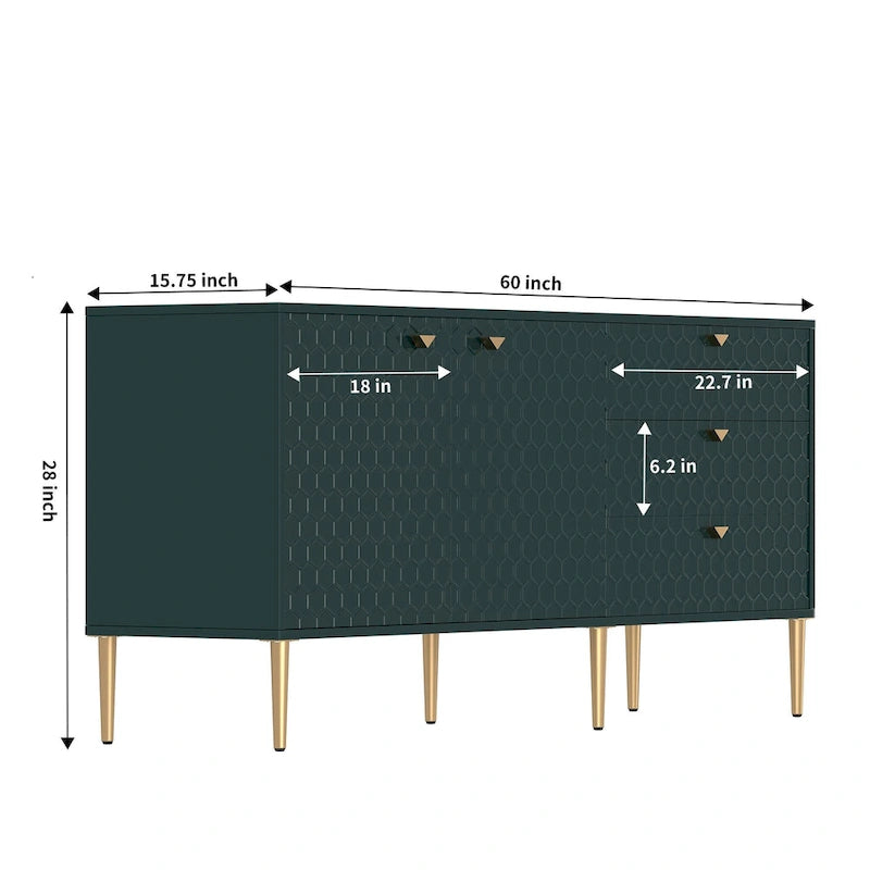 Bahut 2 portes et 3 tiroirs en MDF Bleu / Blanc / Vert / Noir, motif nid d'abeille et pieds dorés