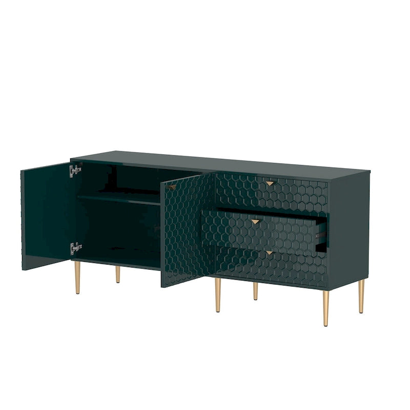 Bahut 2 portes et 3 tiroirs en MDF Bleu / Blanc / Vert / Noir, motif nid d'abeille et pieds dorés