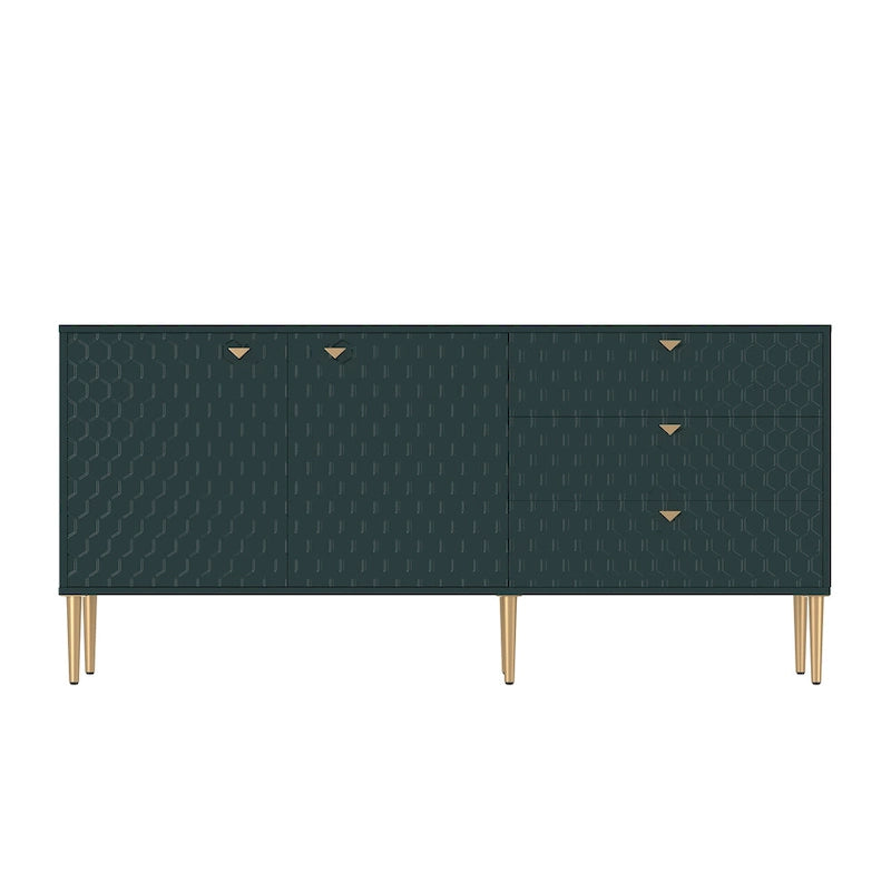 Bahut 2 portes et 3 tiroirs en MDF Bleu / Blanc / Vert / Noir, motif nid d'abeille et pieds dorés