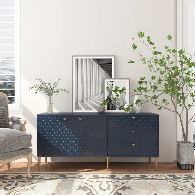 Bahut 2 portes et 3 tiroirs en MDF Bleu / Blanc / Vert / Noir, motif nid d'abeille et pieds dorés