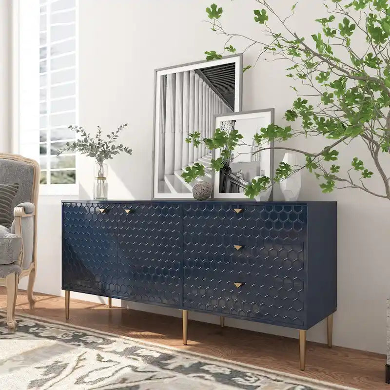 Bahut 2 portes et 3 tiroirs en MDF Bleu / Blanc / Vert / Noir, motif nid d'abeille et pieds dorés