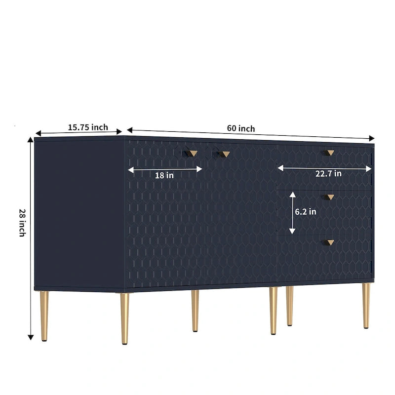 Bahut 2 portes et 3 tiroirs en MDF Bleu / Blanc / Vert / Noir, motif nid d'abeille et pieds dorés