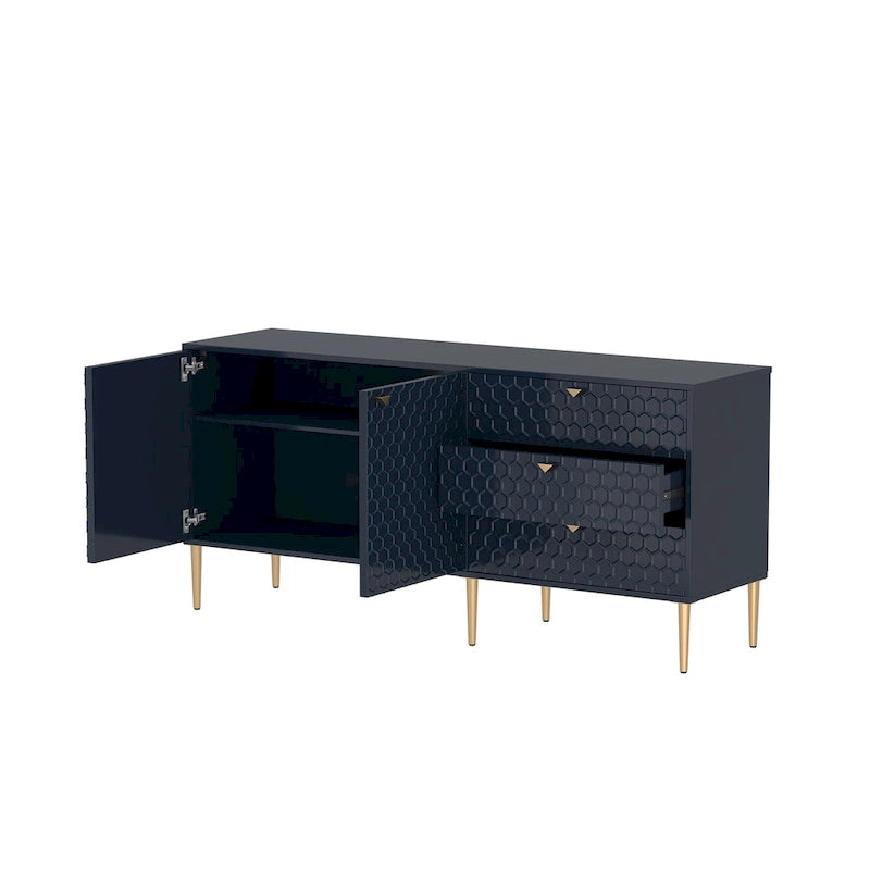 Bahut 2 portes et 3 tiroirs en MDF Bleu / Blanc / Vert / Noir, motif nid d'abeille et pieds dorés