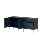 Bahut 2 portes et 3 tiroirs en MDF Bleu / Blanc / Vert / Noir, motif nid d'abeille et pieds dorés