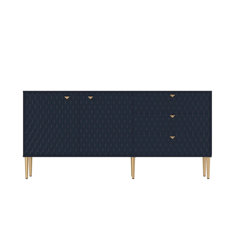 Bahut 2 portes et 3 tiroirs en MDF Bleu / Blanc / Vert / Noir, motif nid d'abeille et pieds dorés