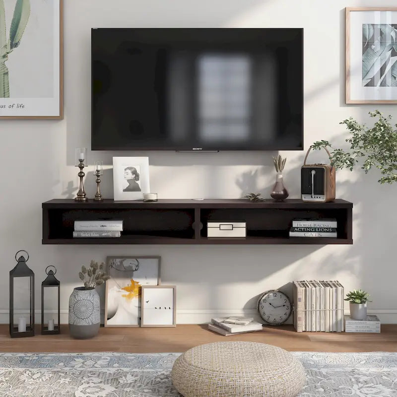 Meuble TV mural 60" avec 2 étagères ouvertes – Chêne vieilli / Cappuccino / Gris patiné / Noir