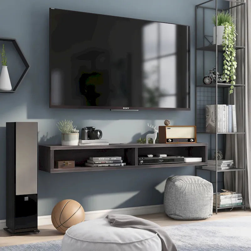 Meuble TV mural 60" avec 2 étagères ouvertes – Chêne vieilli / Cappuccino / Gris patiné / Noir
