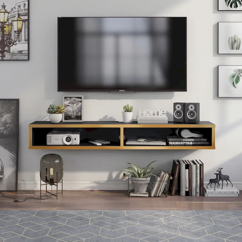 Meuble TV mural 60" avec 2 étagères ouvertes – Chêne vieilli / Cappuccino / Gris patiné / Noir
